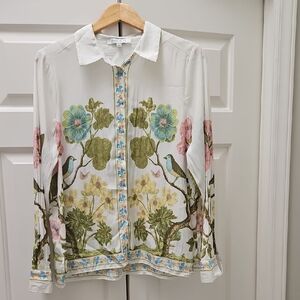Rose & Olive White Floral & Bird Button-Up Blouse